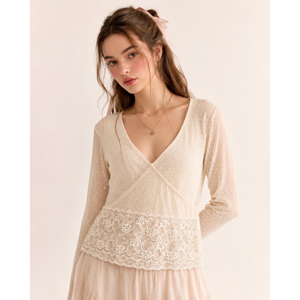 VTG  Lace Mesh Blouse Womens‎ Large Cream Excellent Fairy Coquette Wrap Top